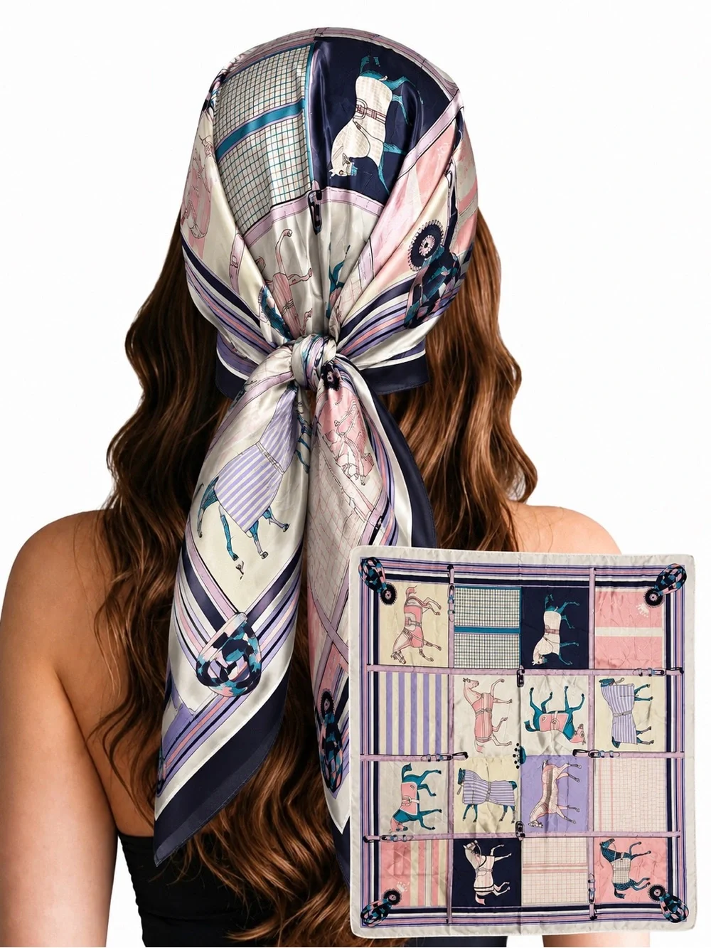 Silk-Feel Pastel Patchwork Headscarf - Pink & Navy